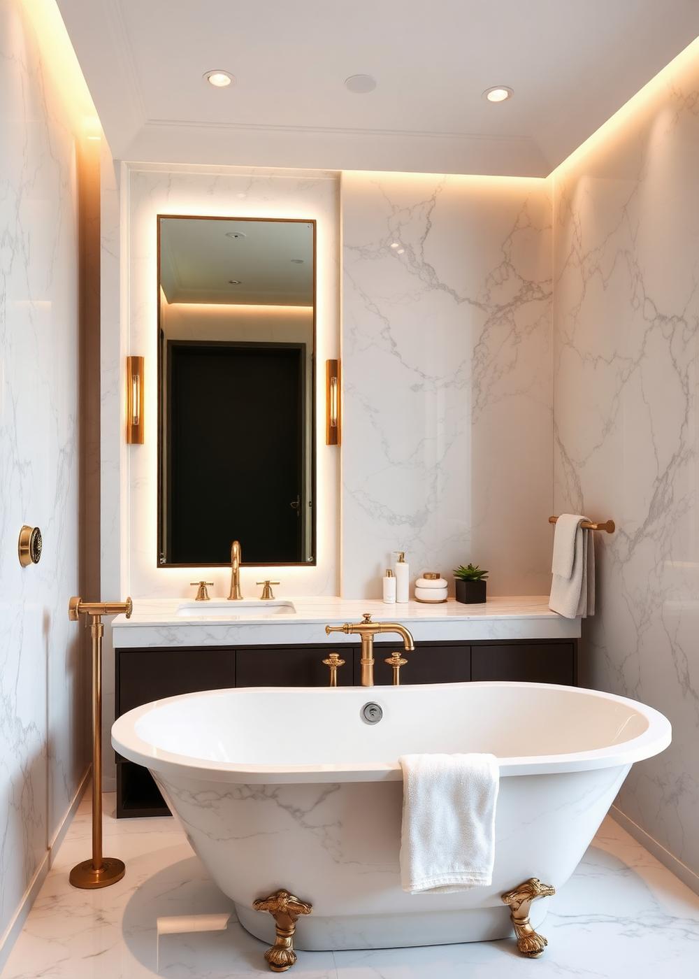 Marble spa bathroom with freestanding tub and brass fittings — RK Interiors