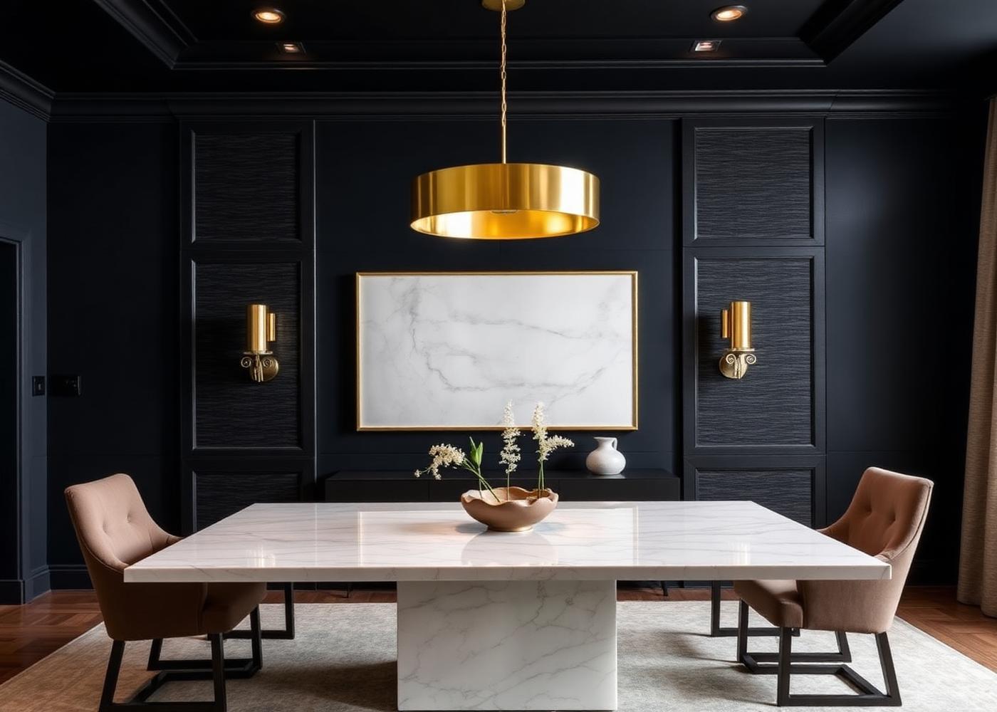 Formal dining room with marble table and brass drum pendant — RK Interiors